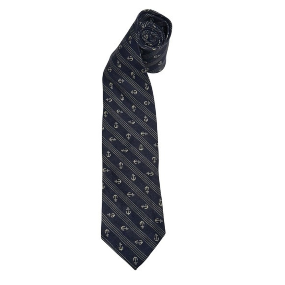 Polo by Ralph Lauren Navy Blue Striped Anchor Print Nautical Linen Neck Tie